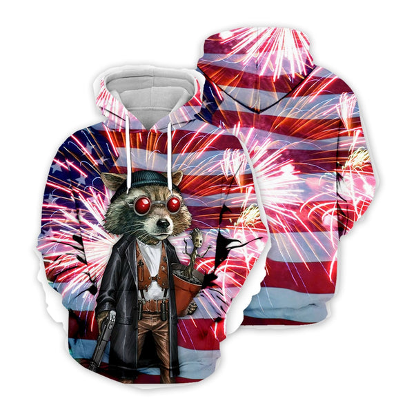 Newest ice fire USA Raccoon Hoodies Men/Women Sweatshirt  Hooded United States America flg Independence Day 3D water Hoody ID008