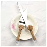 Set of silver hemp rope + stainless steel rose flower pearl wedding cake knife shovel