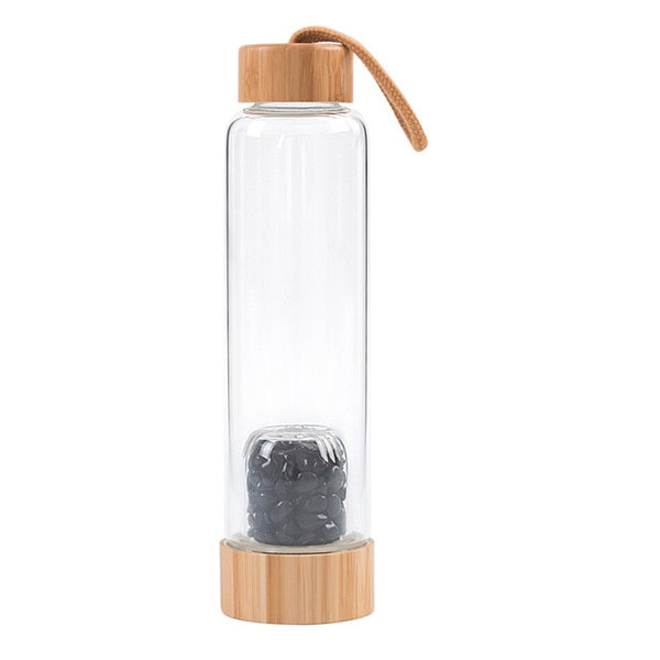 550ML 750ML Bamboo Lid Glass Water Bottles Amethyst Healing Crystals Stones Infuser Water Bottle Clear Gem Stone Elixir Quartz